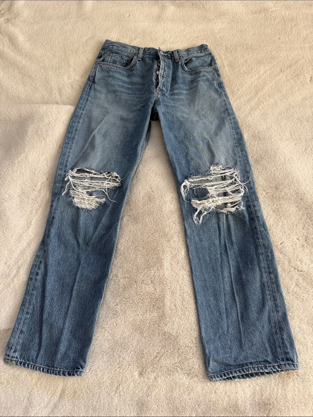 Agolde Kelly Jean. Ripped Light Blue Straight Jeans